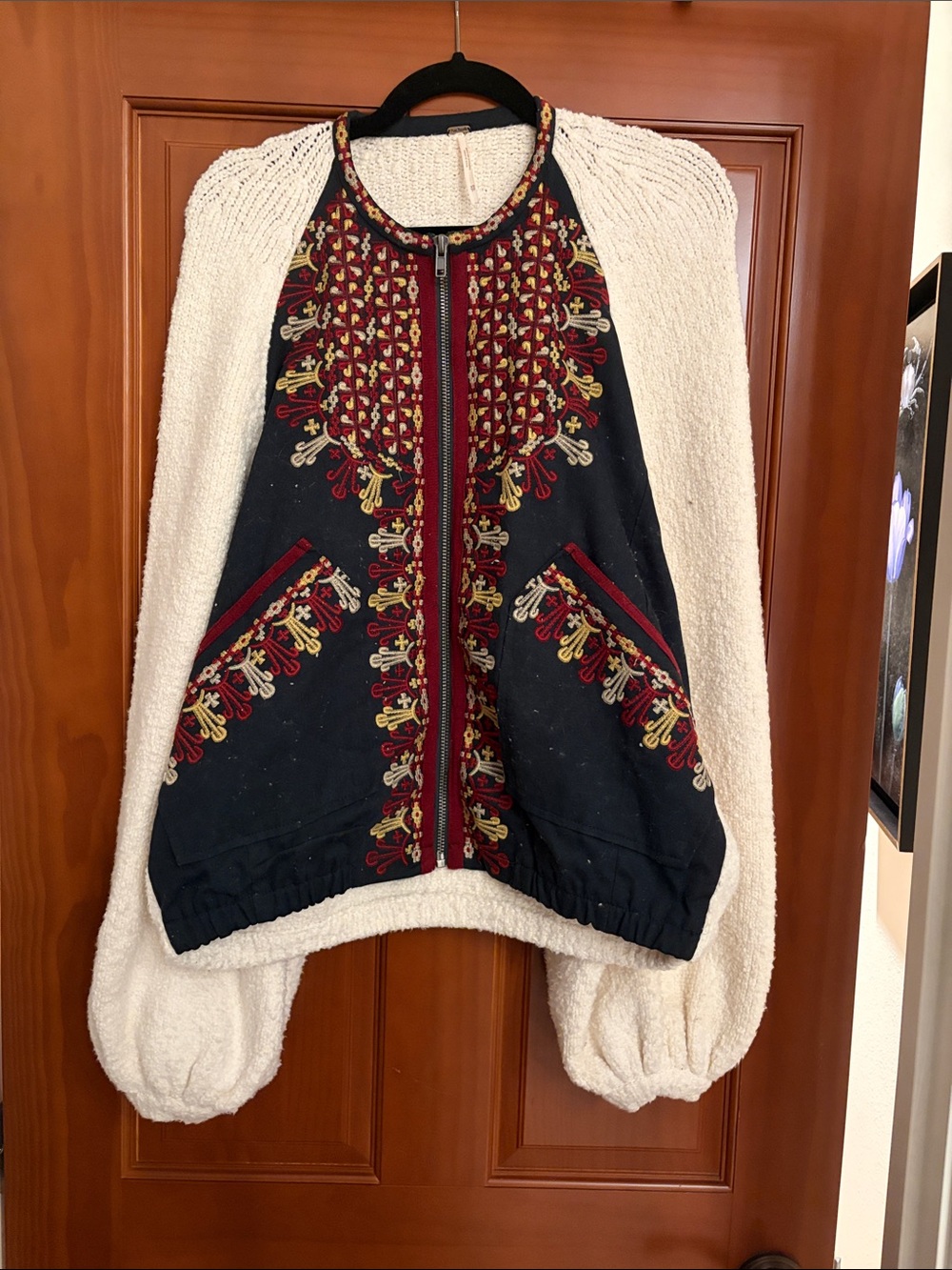 Embroidered black Bomber Jacket with Red & Gold Accents